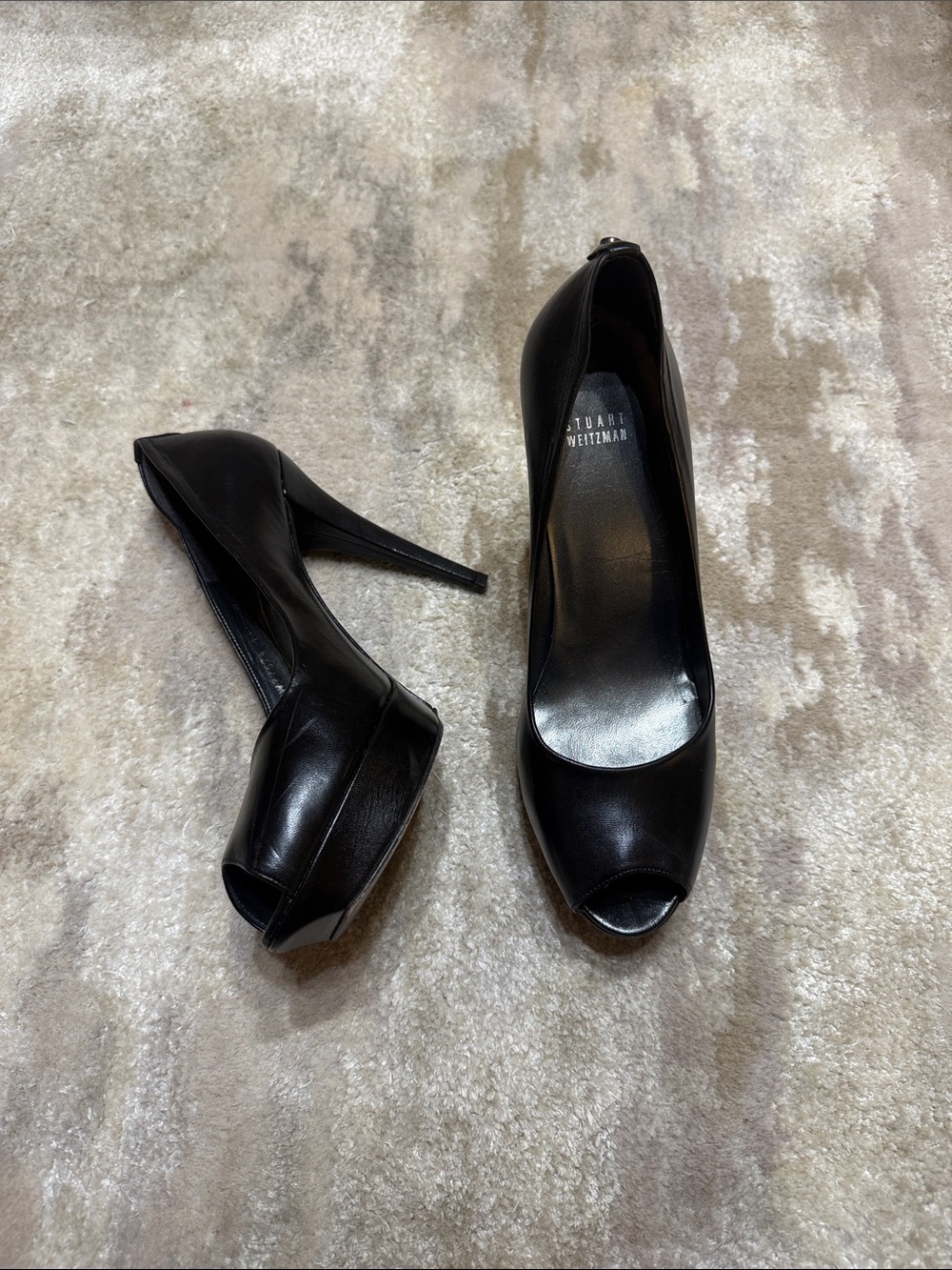Stuart Weitzman Black Leather Peep Toe Platform Heels Size 11